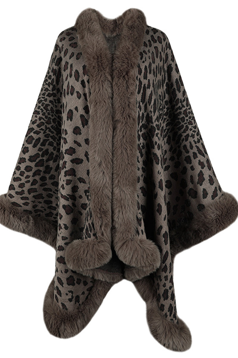 Fur Collar Leopard Shawl Sweater