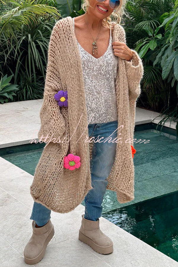 A Different Story Knit Hollow Out Multi Color 3D Flowers Oversized Midi Cardigan