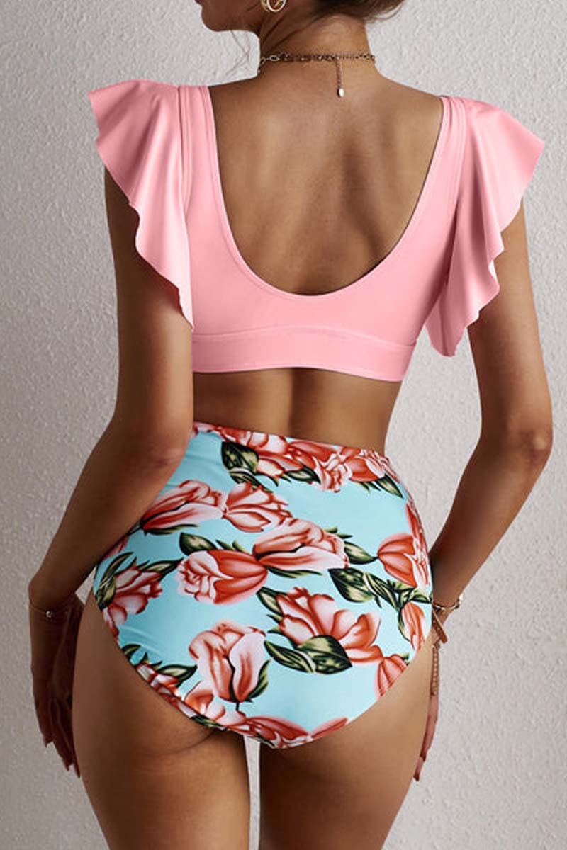 Pink Floral Ruffled Hem High Waist Two Piece Swimsuit