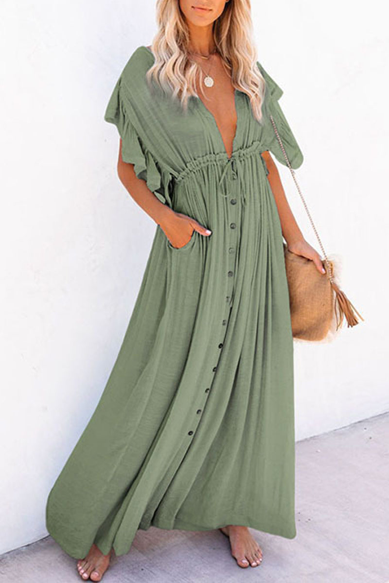 Bohemian Flowy Button-Up Open Front Maxi Cover Up