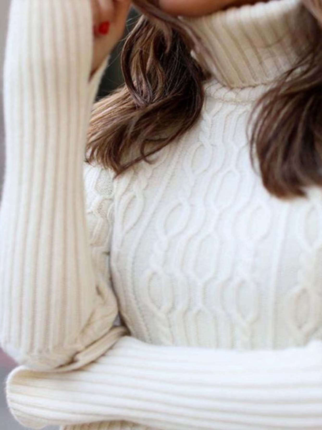 Solid Cable-knit Turtleneck Casual Long Sweater Dress