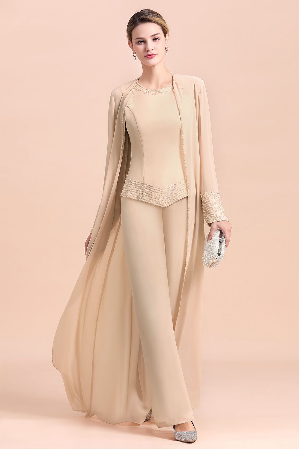 Champagne Long Chiffon Mother of the Bride Dress Two Pieces With Jacket - Fashionpara