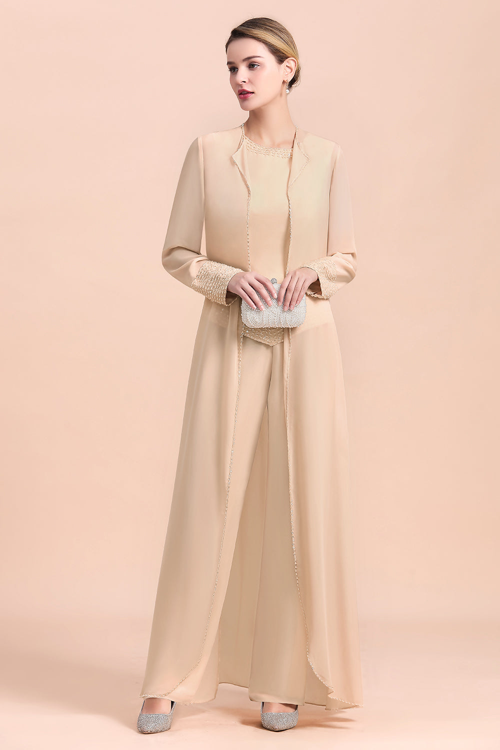 Champagne Long Chiffon Mother of the Bride Dress Two Pieces With Jacket - Fashionpara