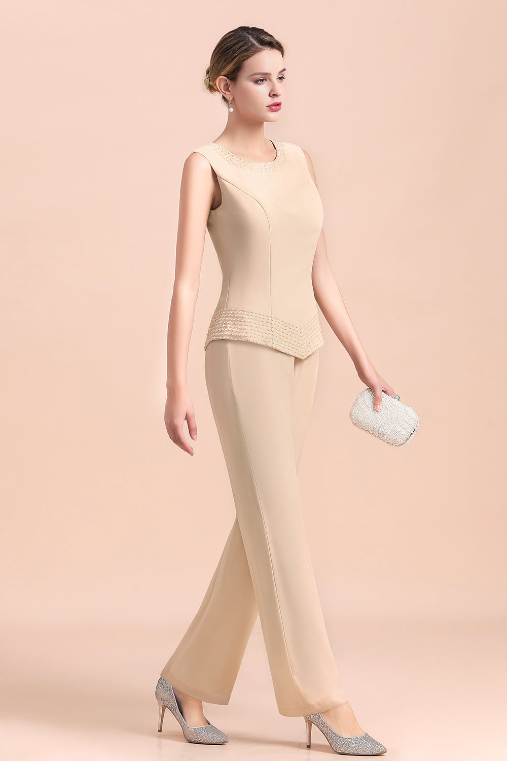 Champagne Long Chiffon Mother of the Bride Dress Two Pieces With Jacket - Fashionpara