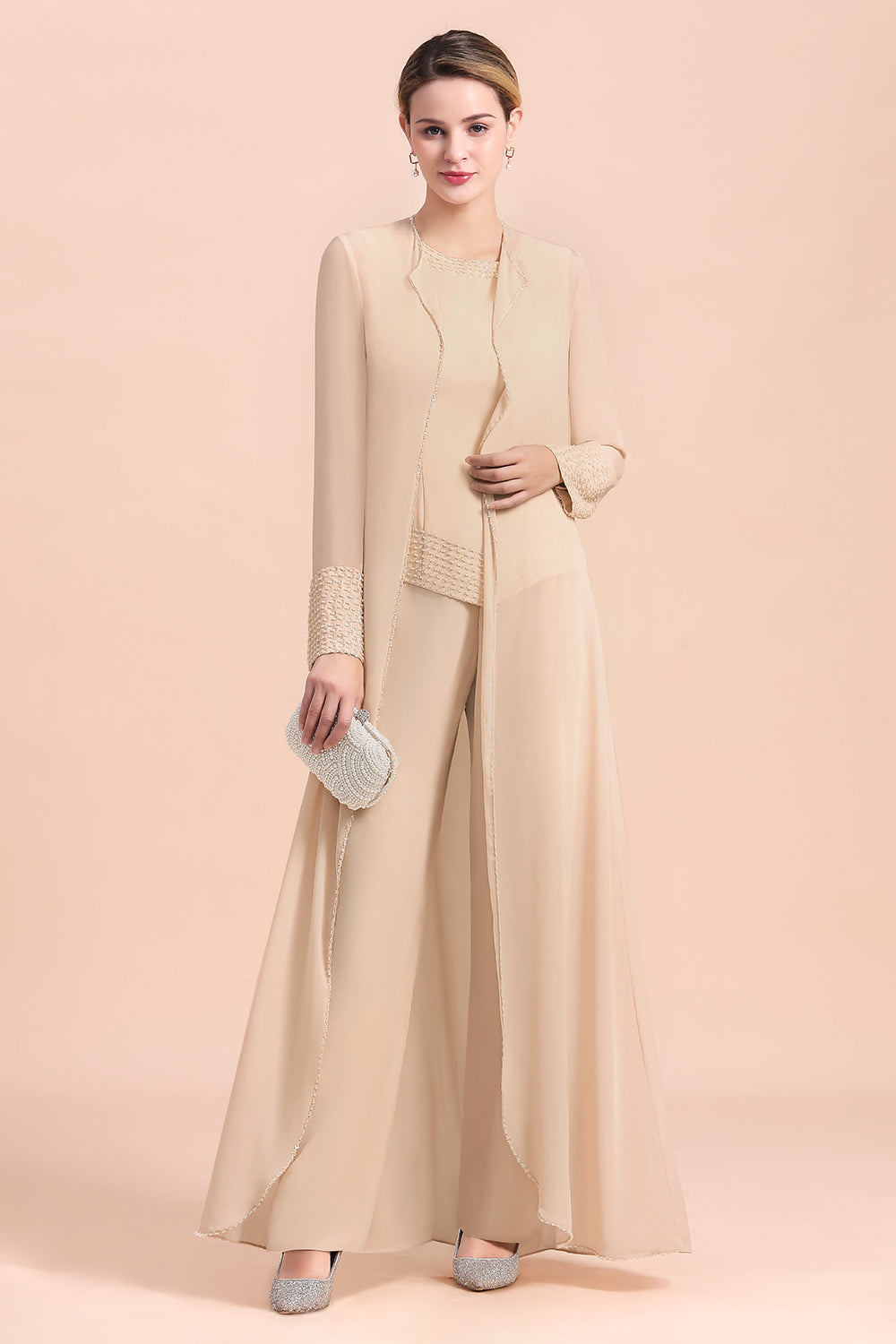 Champagne Long Chiffon Mother of the Bride Dress Two Pieces With Jacket - Fashionpara