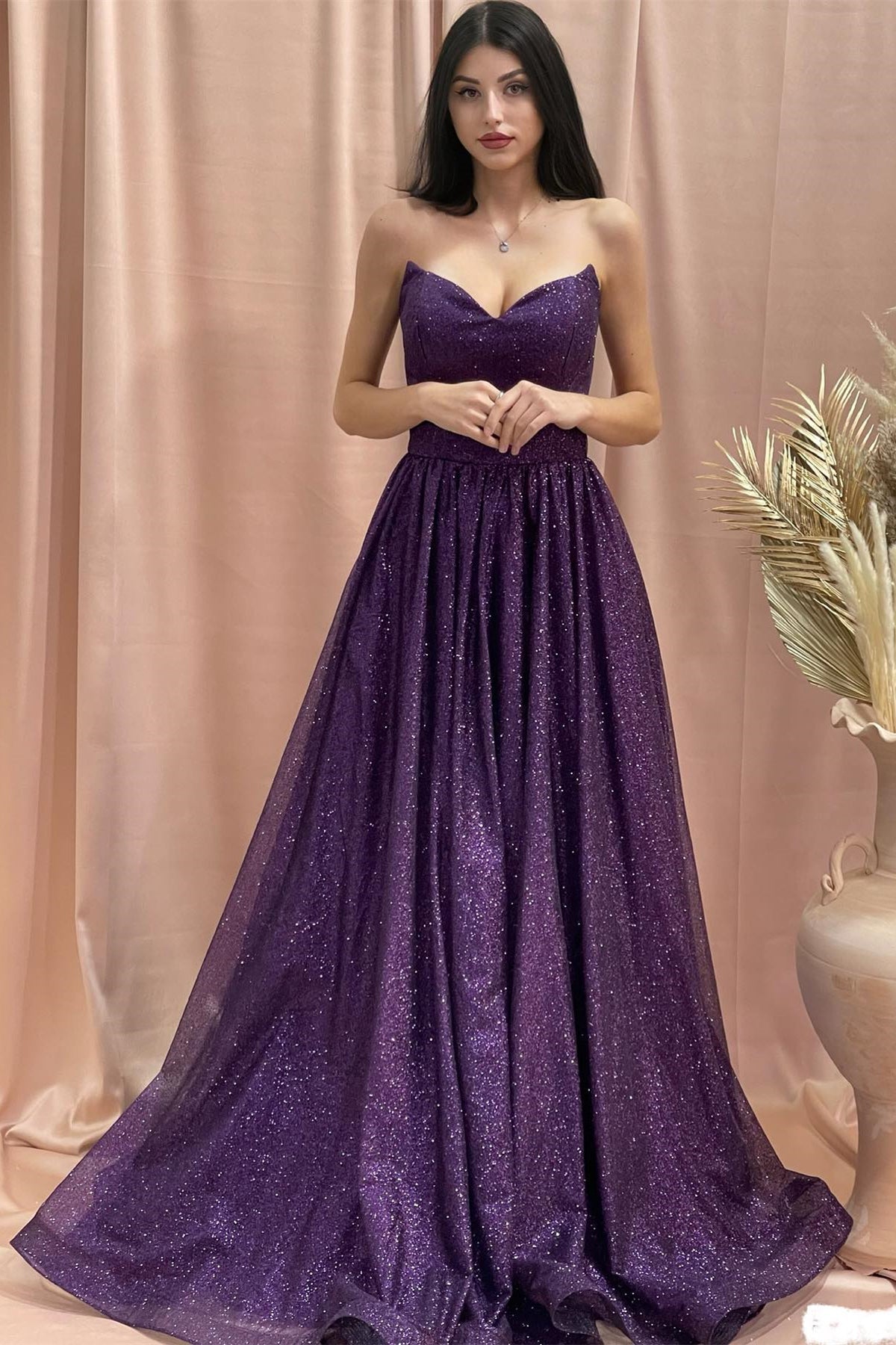 Charming A-line Strapless Sleeveless Sequined Satin Prom Dress - Fashionpara