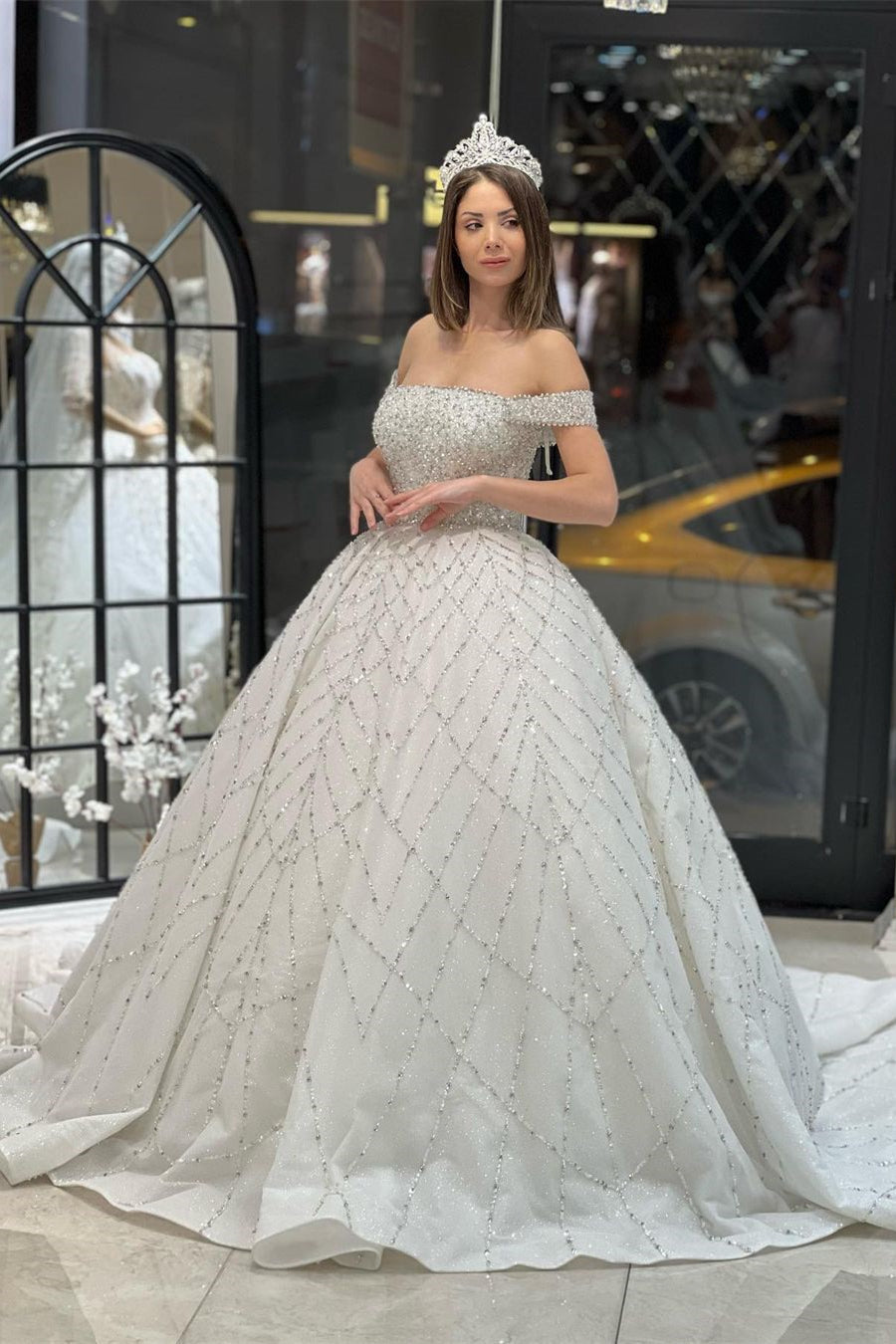 Charming Floor-Length Off-The-Shoulder A-Line Sequined Wedding Dress with Court Train