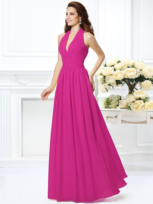 Charming Halter Pleats Sleeveless Long Chiffon Bridesmaid Dresses