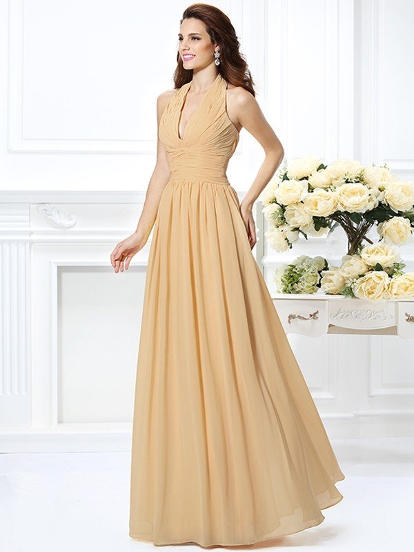 Charming Halter Pleats Sleeveless Long Chiffon Bridesmaid Dresses