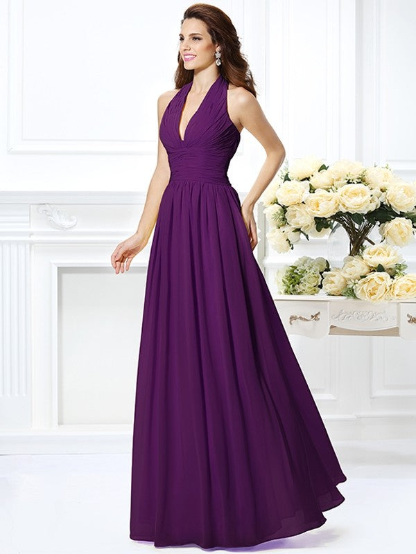 Charming Halter Pleats Sleeveless Long Chiffon Bridesmaid Dresses