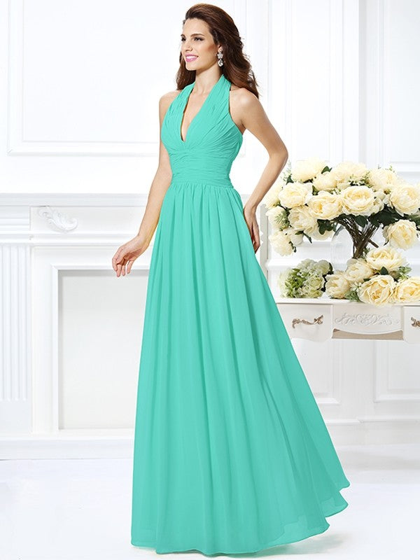 Charming Halter Pleats Sleeveless Long Chiffon Bridesmaid Dresses