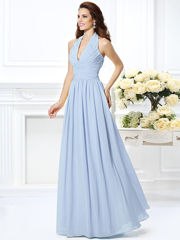 Charming Halter Pleats Sleeveless Long Chiffon Bridesmaid Dresses