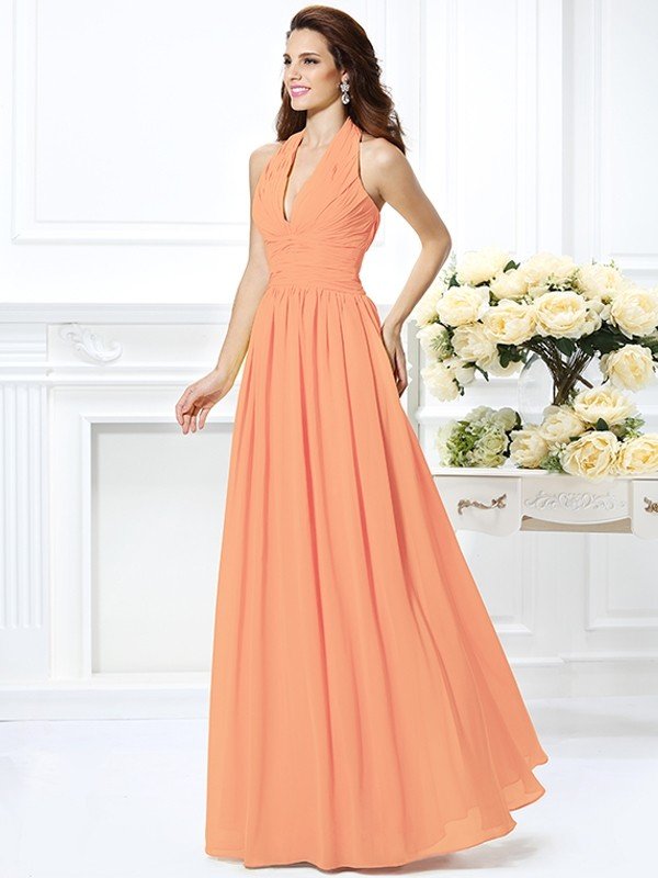 Charming Halter Pleats Sleeveless Long Chiffon Bridesmaid Dresses