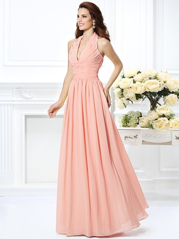 Charming Halter Pleats Sleeveless Long Chiffon Bridesmaid Dresses