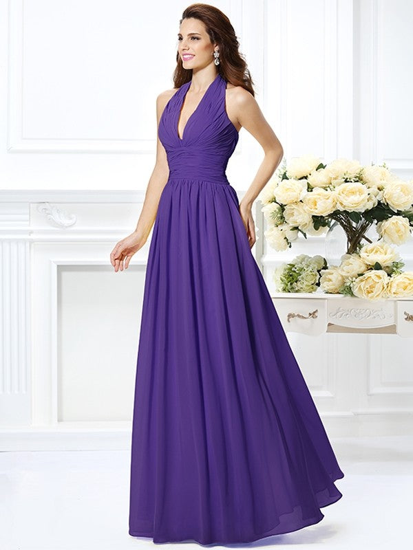 Charming Halter Pleats Sleeveless Long Chiffon Bridesmaid Dresses