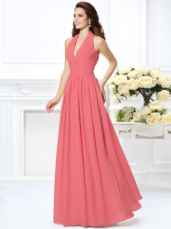 Charming Halter Pleats Sleeveless Long Chiffon Bridesmaid Dresses