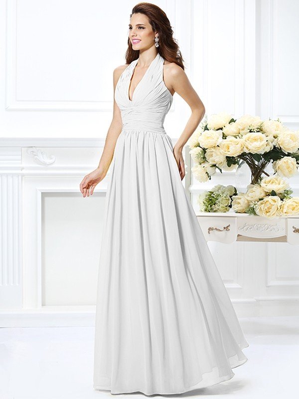 Charming Halter Pleats Sleeveless Long Chiffon Bridesmaid Dresses