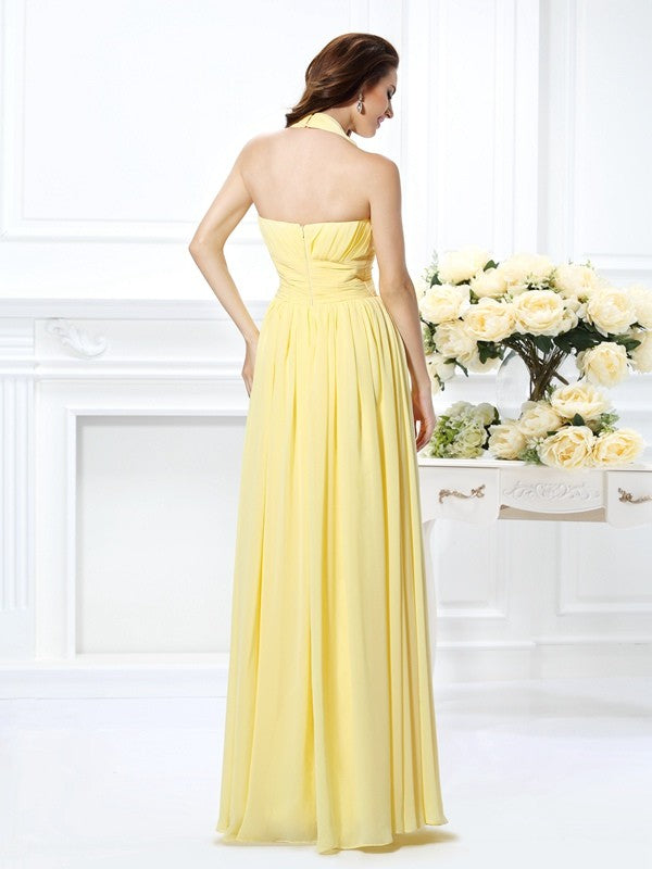 Charming Halter Pleats Sleeveless Long Chiffon Bridesmaid Dresses