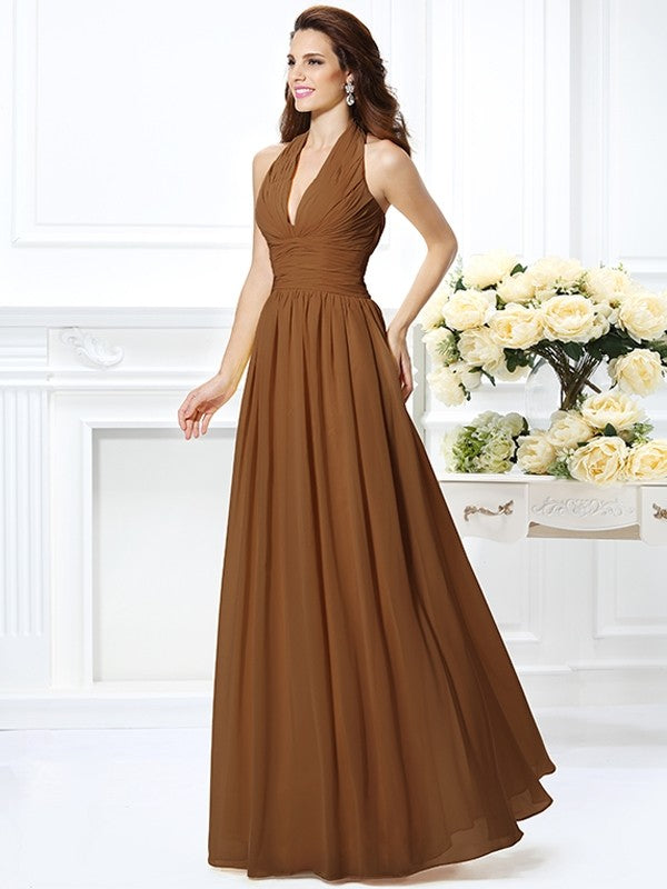 Charming Halter Pleats Sleeveless Long Chiffon Bridesmaid Dresses