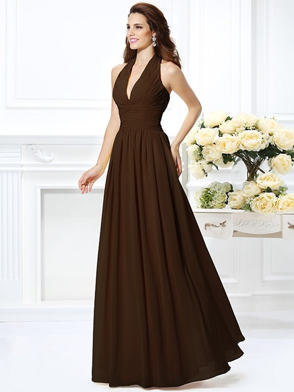 Charming Halter Pleats Sleeveless Long Chiffon Bridesmaid Dresses