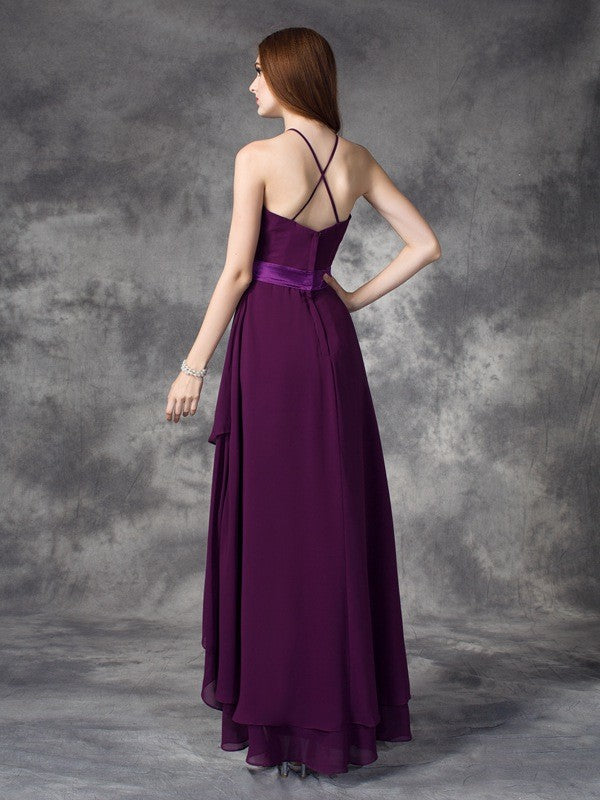 Charming Halter Ruffles Sleeveless High Low Chiffon Bridesmaid Dresses