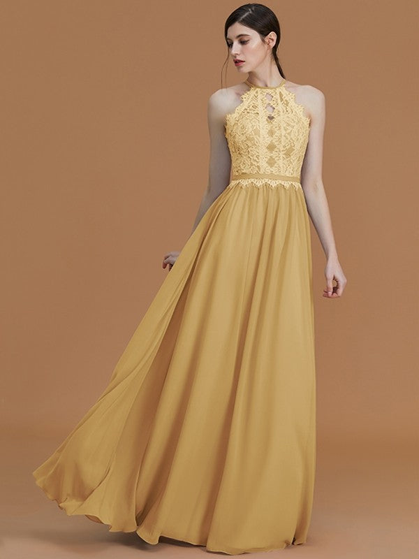 Charming Halter Sleeveless Lace Chiffon Bridesmaid Dresses