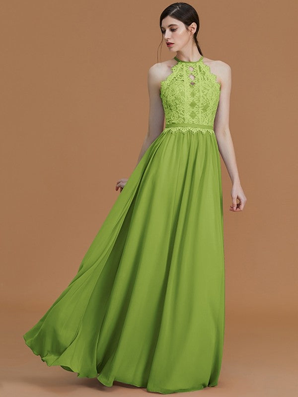 Charming Halter Sleeveless Lace Chiffon Bridesmaid Dresses