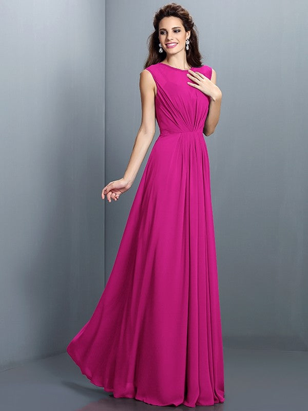 Charming High Neck Pleats Sleeveless Long Chiffon Bridesmaid Dresses