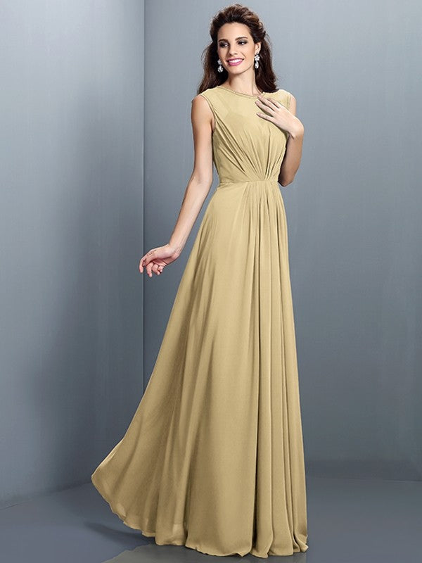 Charming High Neck Pleats Sleeveless Long Chiffon Bridesmaid Dresses