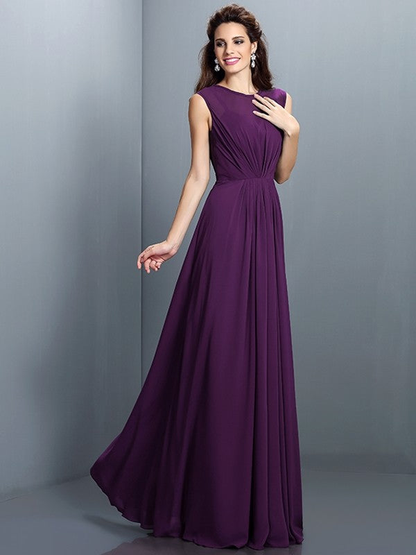 Charming High Neck Pleats Sleeveless Long Chiffon Bridesmaid Dresses