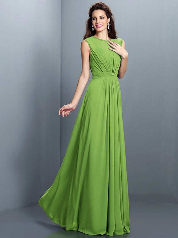 Charming High Neck Pleats Sleeveless Long Chiffon Bridesmaid Dresses