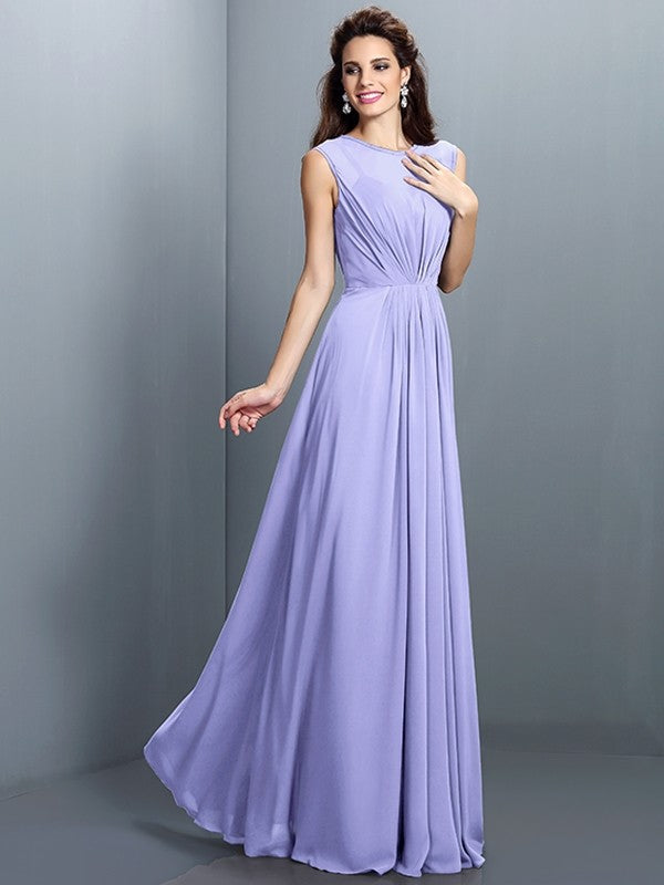 Charming High Neck Pleats Sleeveless Long Chiffon Bridesmaid Dresses