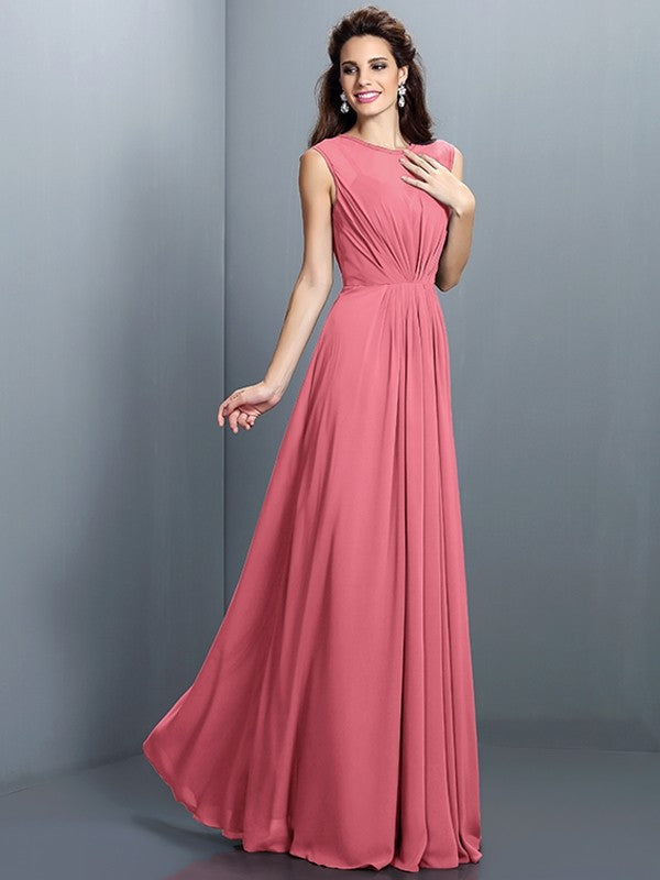 Charming High Neck Pleats Sleeveless Long Chiffon Bridesmaid Dresses