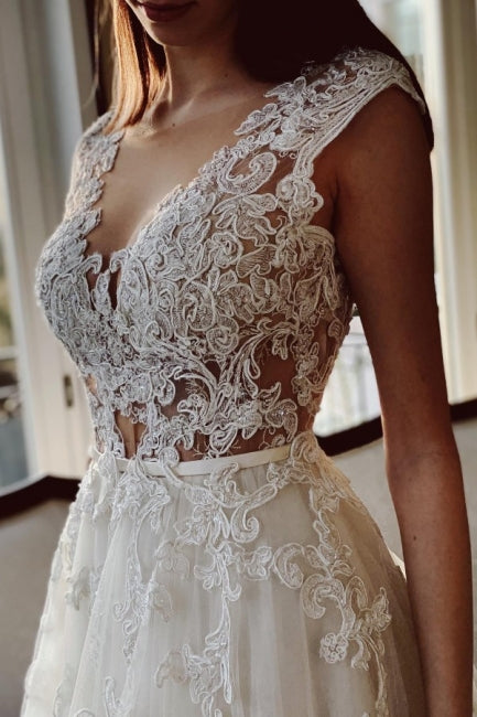 Exquisite Ivory A-Line Garden Floor-Length V-Neck Lace Wedding Dress