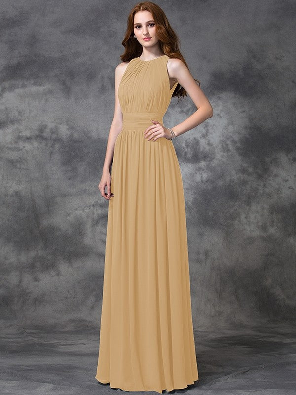 Charming Jewel Ruched Sleeveless Long Chiffon Bridesmaid Dresses