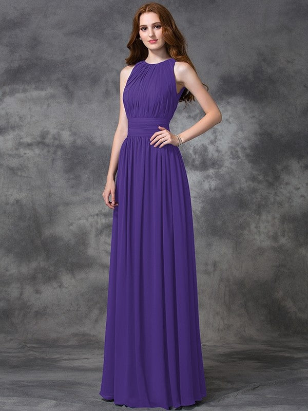 Charming Jewel Ruched Sleeveless Long Chiffon Bridesmaid Dresses