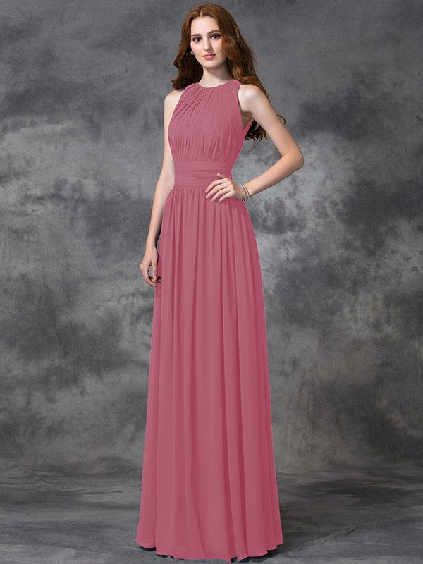 Charming Jewel Ruched Sleeveless Long Chiffon Bridesmaid Dresses