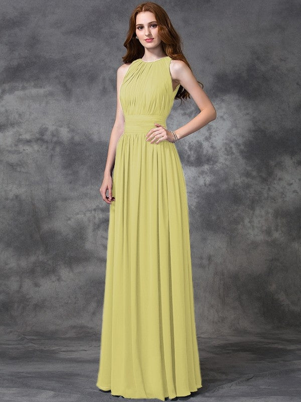 Charming Jewel Ruched Sleeveless Long Chiffon Bridesmaid Dresses