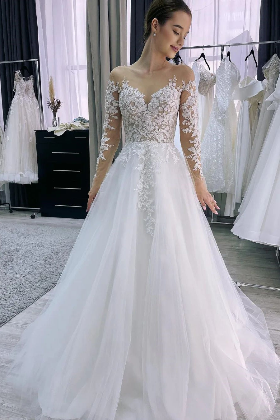 Charming Long A-line Tulle Wedding Dress with Appliques and Long Sleeves