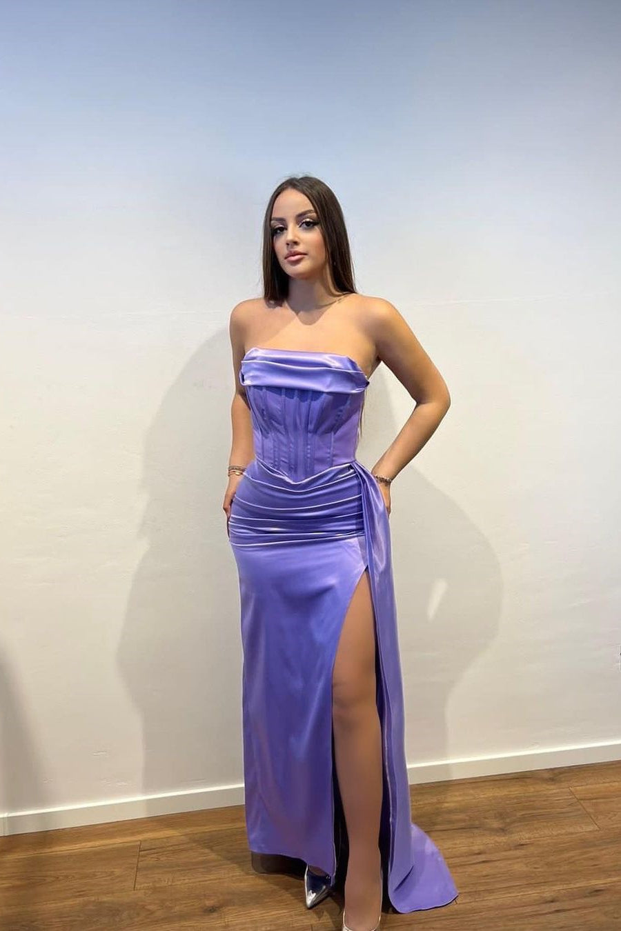 Charming Long Purple Strapless Satin Dress with Split Front and Ruffles - Fashionpara