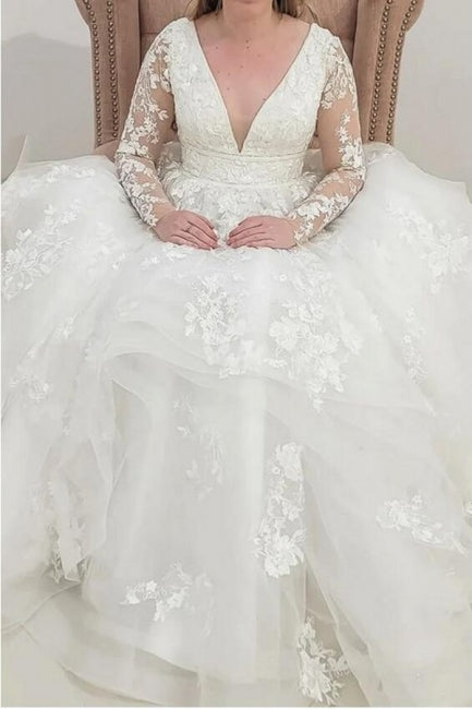 Charming Long Sleeves V-Neck A-Line Garden Lace Wedding Dress