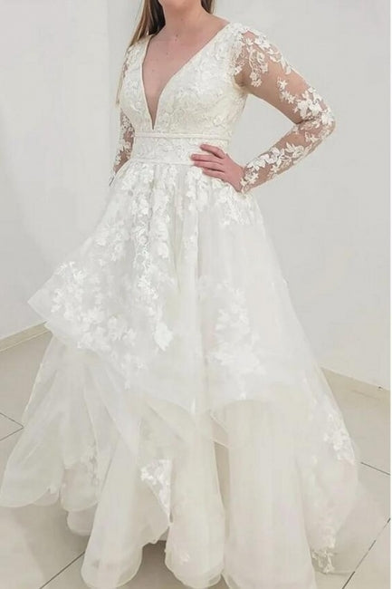 Charming Long Sleeves V-Neck A-Line Garden Lace Wedding Dress