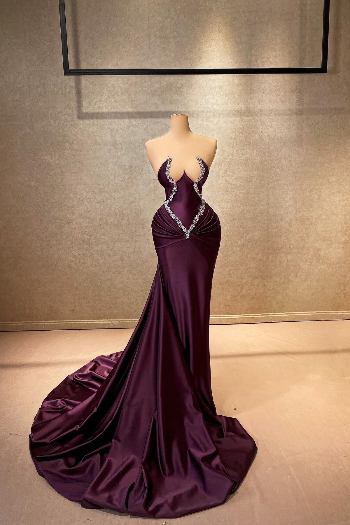 Charming Mermaid Strapless Sleeveless Rhinestone Satin Train Burgundy Long Prom Dress - Fashionpara