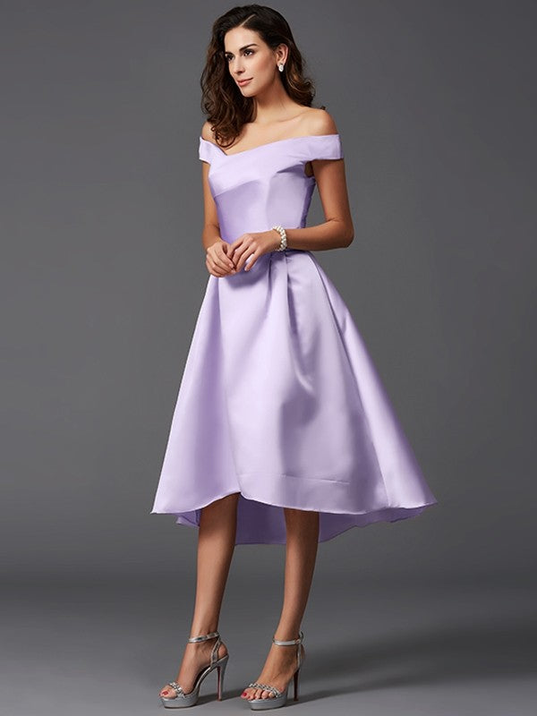 Charming Off-the-Shoulder Sleeveless High Low Satin Bridesmaid Dresses