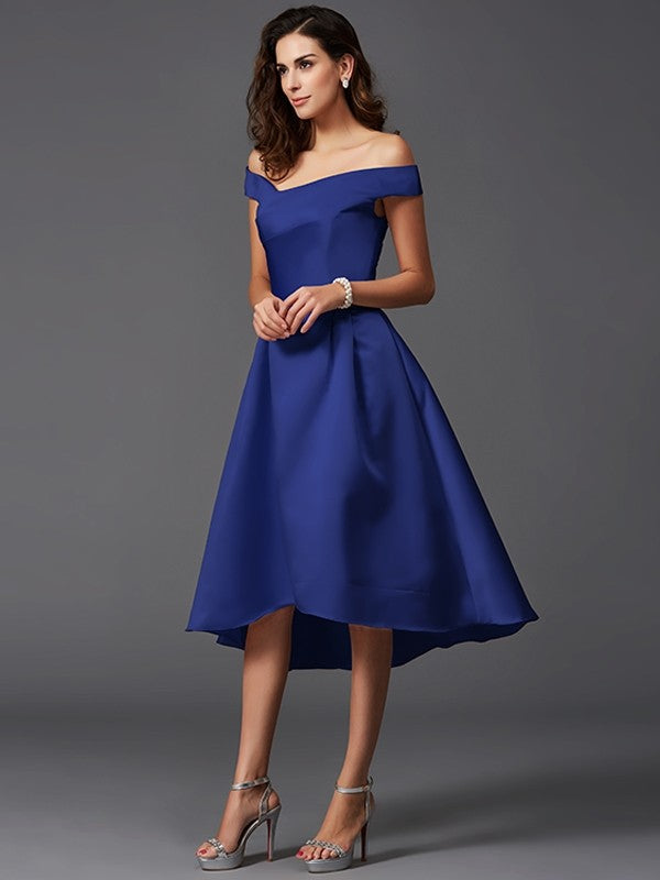 Charming Off-the-Shoulder Sleeveless High Low Satin Bridesmaid Dresses