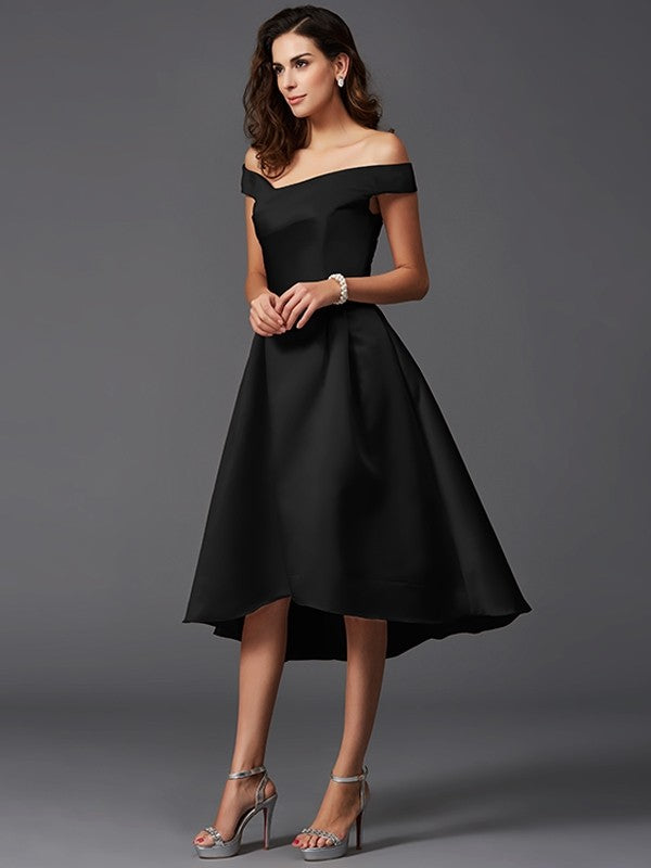 Charming Off-the-Shoulder Sleeveless High Low Satin Bridesmaid Dresses