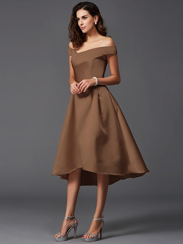 Charming Off-the-Shoulder Sleeveless High Low Satin Bridesmaid Dresses