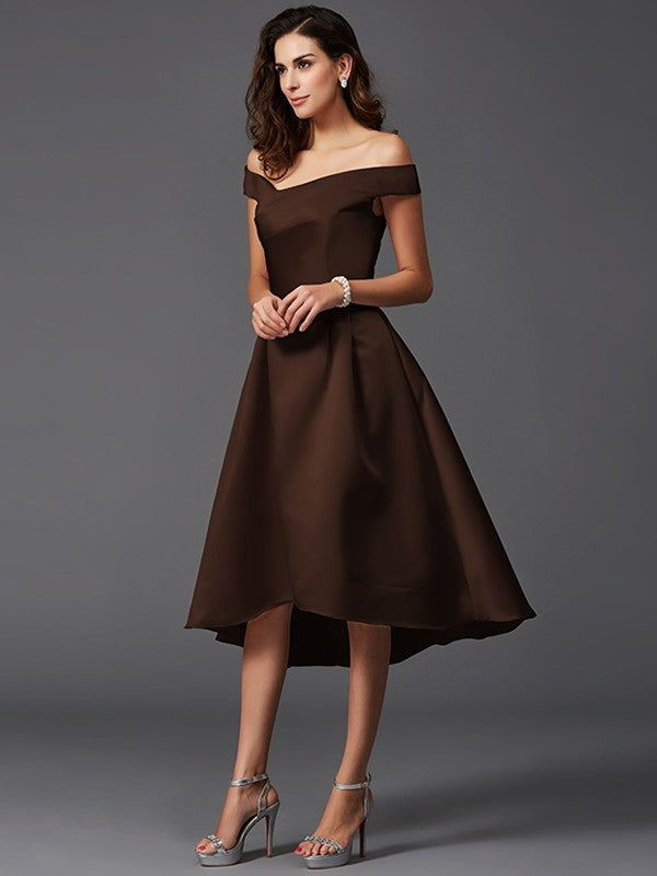 Charming Off-the-Shoulder Sleeveless High Low Satin Bridesmaid Dresses