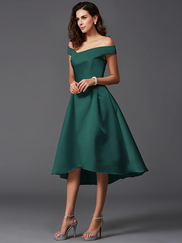 Charming Off-the-Shoulder Sleeveless High Low Satin Bridesmaid Dresses