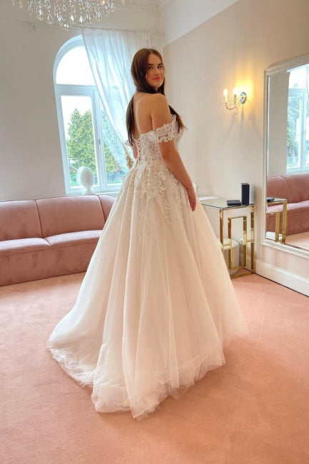 Charming Off-the-Shoulder Strapless A-Line Lace Tulle Bridal Gown